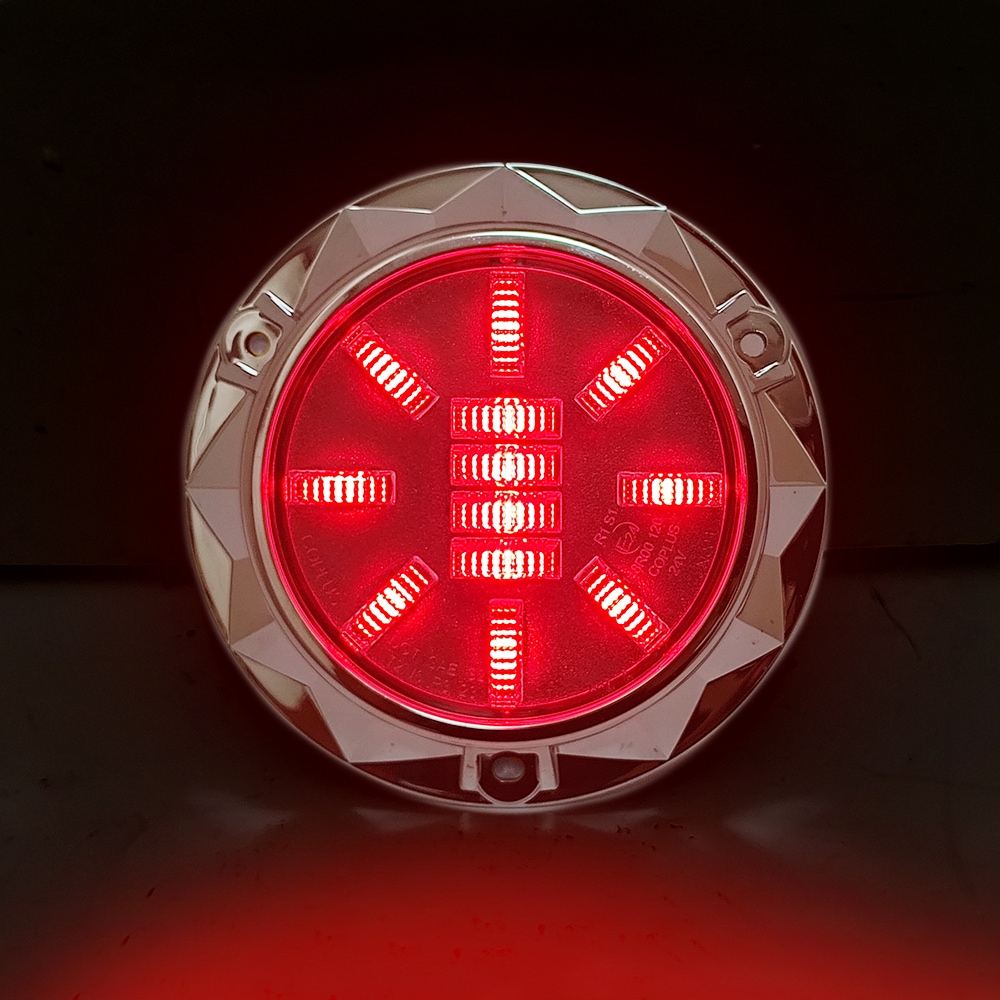 【保安基準適合・車検対応Eマーク取得済み】24V 丸型3Dデザインテール 単体 ブレーキ/ポジションランプ（クリアーレッド赤） トレーラーテール/大型・中型トラック/汎用・架装用