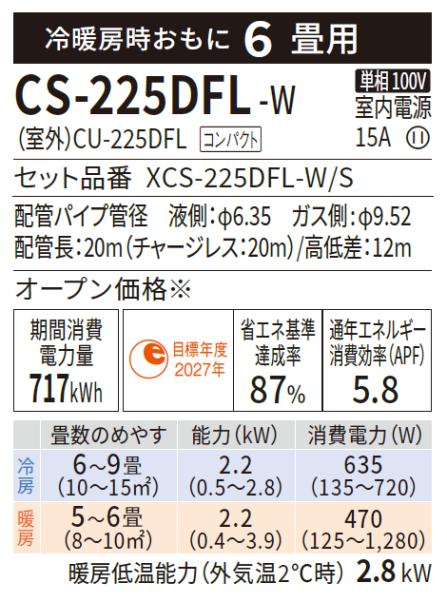 残り2台限定　送料込　パナソニック　CS-225DFL-W 2025年製 エオリア エアコン 6畳用 パナソニック 2.2kW Fシリーズ 2025年