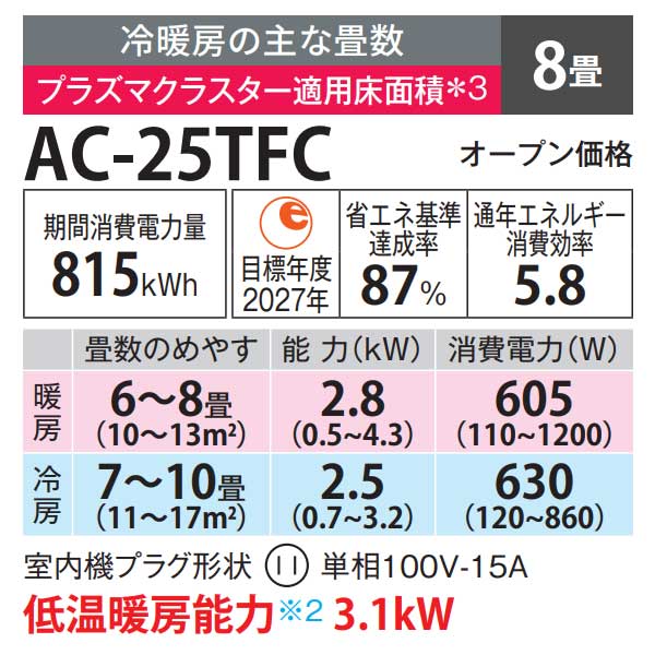 ∂シャープ/SHARP ルームエアコン【AC-25TFC】ホワイト系 2025年 FC