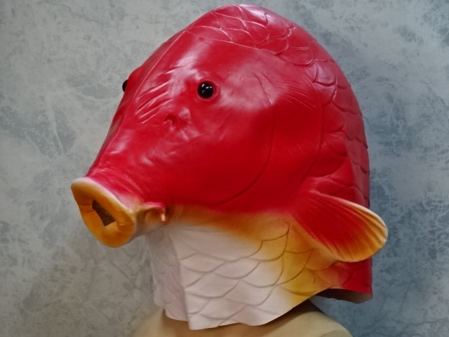 魚の被り物・赤い鯉のマスク。珍しい魚のマスク。
