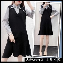 大きいサイズ レディース 重ね着風ワンピース 黒 LL 3L 4L 5L ブラック 2018春 新入荷 ネコポス不可 (4881186)|ワンピース