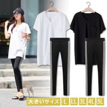 大きいサイズ レディース セットアップ バックロゴＴシャツ ライン入りレギンスパンツ ２点セット LL 3L 4L 5L 6L ブラック ホワイト 再入荷 メール便不可 (79014）|2020年夏|