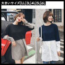 大きいサイズ レディース 重ね着風シャツ ニットチュニック LL 3L 4L 5L 6L ブラック ネイビー 2018秋 新入荷 ネコポス可 (9492975)|チュニック
