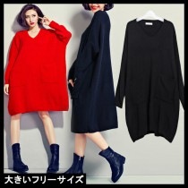 大きいサイズ レディース ニットワンピース ワイドワンピ LL 3L 4L 5L 6L ブラック ネイビー レッド 2018冬 新入荷 ネコポス不可 (8012721)|ワンピース