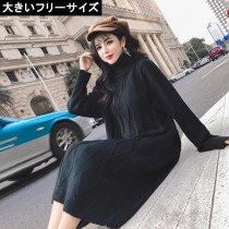 大きいサイズ レディース ニットワンピース タートル LL 3L 4L ブラック 2019年 春 新入荷 ネコポス不可 (t1272)|ワンピース