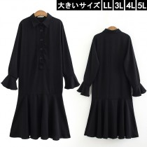 大きいサイズ レディース マキシワンピ ブラウスワンピース 黒 フレア LL 3L 4L 5L ブラック 2019年 春 新入荷 ネコポス可 (7248064）|2019年春|新着