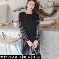 大きいサイズ レディース レイヤードワンピース ストライプシャツ ドッキングワンピ 黒 LL 3L 4L 5L 6L ブラック 2019年 春 新入荷 ネコポス可 (11944）|2019年春|新着