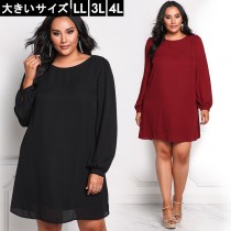 大きいサイズ レディース シフォンワンピース フォーマルワンピ 長袖 シースルー LL 3L 4L ブラック レッド 春 新入荷 メール便可 (1701503）|2019年春|新着
