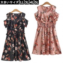 大きいサイズ レディース 花柄ワンピース 肩出しワンピ フレア フリル LL 3L 4L 5L ブラック ピンク 2019年 夏 新入荷 ネコポス可 (733614）|2019年夏|新着