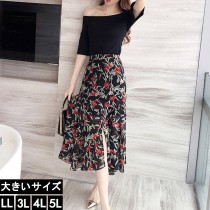大きいサイズ レディース スカートセットアップ 花柄スカート 黒 オフショルダーTシャツ LL 3L 4L 5L ブラック 2019年 夏 新入荷 ネコポス不可 (c00542)|2019年夏|新着