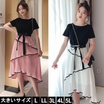 大きいサイズ レディース ティアードワンピース フリルワンピ シフォン ドッキング L LL 3L 4L 5L ホワイト ピンク 2019年 夏 新入荷 ネコポス可 (t1300)|2019年夏|新着