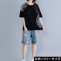 大きいサイズ レディース プリントＴシャツ 黒Ｔ レース柄 ドロップショルダー LL 3L 4L 5L ブラック 2019年 夏 新入荷 ネコポス可 (391921)|2019年夏|新着