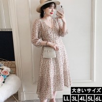 大きいサイズ レディース 小花柄ワンピース シフォンワンピ カシュクール 五分袖 LL 3L 4L 5L 6L ベージュ 2019年 夏 新入荷 ネコポス不可 (1011001)|2019年夏|新着