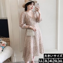 大きいサイズ レディース 小花柄ワンピース シフォンワンピ カシュクール 五分袖 LL 3L 4L 5L 6L ベージュ 2019年 夏 新入荷 ネコポス可 (1011001)|2019年夏|新着