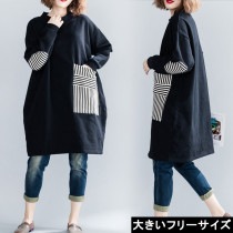 大きいサイズ レディース 裏起毛ワンピース ストライプ オーバーサイズ コクーン エルボーパッチ 冬 LL 3L 4L 5L 6L ブラック 新入荷 メール便不可 (8168239）|2022年冬|新