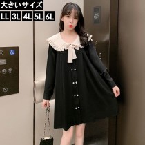 大きいサイズ レディース 襟付きワンピース ブラウスワンピ ボウタイ付き フリル襟 LL 3L 4L 5L 6L ブラック 新入荷 ネコポス可 (9499850）|2020年春|新着