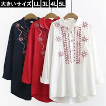 大きいサイズ レディース 刺繍シャツ ブラウス テールカット 無地 LL 3L 4L 5L ネイビー レッド ホワイト 新入荷 ネコポス可 (235901）|2020年春|新着