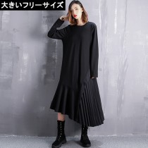 大きいサイズ レディース ロングワンピース 黒ワンピ アシメ プリーツ LL 3L 4L ブラック 新入荷 ネコポス不可 (t2003055）|2020年春|新着
