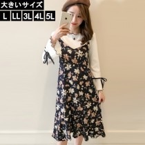 大きいサイズ レディース キャミワンピース 花柄ワンピ インナーつき ２点セット L LL 3L 4L 5L ネイビー 新入荷 ネコポス可 (t2003033）|2020年春|新着