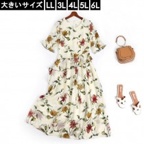 大きいサイズ レディース 花柄ワンピース シフォンワンピ フリル ボタニカル柄 LL 3L 4L 5L 6L アイボリー 新入荷 ネコポス可 (110987）|2020年夏|新着