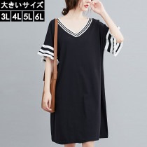 大きいサイズ レディース 配色ワンピース ライン入り リブニット Ｖネック 3L 4L 5L 6L ブラック 新入荷 ネコポス可 (19977）|2020年秋|新着