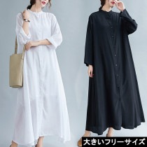大きいサイズ レディース ロングシャツワンピ シアーワンピ マキシ丈 マンダリンカラー LL 3L 4L 5L 6L ブラック ホワイト 新入荷 ネコポス可 (6011203）|2020年秋|新着