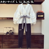 大きいサイズ レディース チュニックシャツ ダメージデニムパンツ ぺプラムブラウス ２点セット L LL 3L 4L 5L ホワイト 新入荷 ネコポス不可 (720575）|2020年秋|新着