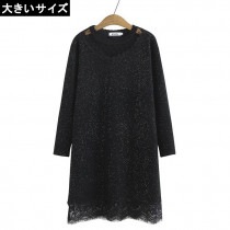 大きいサイズ レディース 黒ワンピース デコルテシアー レース 裏起毛 3L 4L 5L 6L ブラック 新入荷 メール便不可 (7728132）|2020年冬|新着