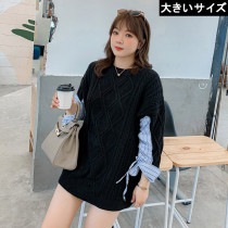 大きいサイズ レディース ざっくりニット シャツレイヤード ドッキング セーター LL 3L 4L ブラック 新入荷 メール便不可 (s386）|2020年冬|新着