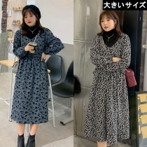 大きいサイズ レディース 重ね着風ワンピース タートル ボタニカル柄 小花柄 LL 3L 4L 5L ブルーブラック ブラックホワイト 新入荷 メール便不可 (s6036）|2020年冬|新着
