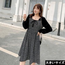 大きいサイズ レディース 小花柄ワンピース ベロア切替 胸元リボン パフスリーブ LL 3L 4L 5L ブラック 新入荷 メール便不可 (s6053）|2020年冬|新着