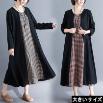 大きいサイズ レディース 重ね着風ワンピース ギンガムチェック柄 ロングカーデ風 長袖 LL 3L 4L 5L 6L ブラック レッド 新入荷 ネコポス可 (hm69505）|2021年春|新着