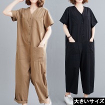 大きいサイズ レディース 半袖サロペット オールインワン コンビネゾン つなぎパンツ LL 3L 4L ブラック ベージュ 新入荷 メール便可 (zy757200）|2021年夏|新着