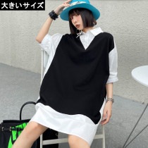 大きいサイズ レディース 重ね着風シャツワンピ 白シャツ レイヤード 黒ベスト LL 3L 4L 5L 6L ブラック 新入荷 ネコポス可 (t2104156）|2021年夏|新着