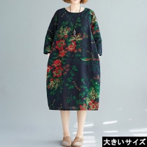 大きいサイズ レディース 花柄ワンピース 七分袖 コットンリネン コクーンワンピ LL 3L 4L ネイビー 新入荷 ネコポス可 (hm74572）|2021年夏|新着