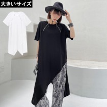 大きいサイズ レディース Tシャツワンピ アシメチュニック ロング丈 ジップ L LL 3L 4L 5L 6L ブラック ホワイト 新入荷 ネコポス可 (t2105112）|2021年夏|新着