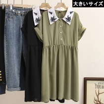 大きいサイズ レディース 襟つきワンピース バイカラー 刺繍 ウエスト切替 LL 3L 4L 5L ブラック グリーン 新入荷 ネコポス可 (ru1750）|2021年夏|新着