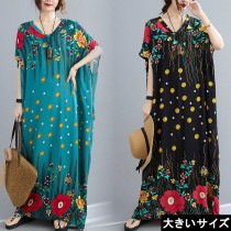 大きいサイズ レディース マキシワンピース 花柄 フレンチ袖 Vネック LL 3L 4L 5L 6L ブラック ブルー 新入荷 ネコポス可 (zy1515020）|2021年夏|新着