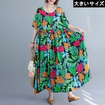大きいサイズ レディース 総柄ワンピース ボタニカル柄 ゆったりサイズ ロングワンピ LL 3L 4L 5L 6L グリーン 新入荷 ネコポス可 (zy98870）|2021年夏|新着
