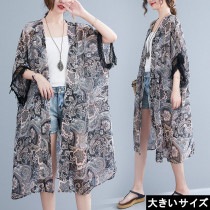 大きいサイズ レディース シアーカーディガン エスニック柄 ロング丈 ガウンカーデ L LL 3L 4L 5L 6L ブラウン 新入荷 ネコポス可 (zy8022298）|2021年夏|新着