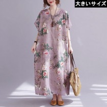 大きいサイズ レディース 花柄ワンピース マキシ丈 ストレート Vネック LL 3L 4L 5L 6L ピンク 新入荷 ネコポス可 (hm1357）|2021年夏|新着