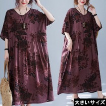 大きいサイズ レディース 花柄ワンピース Vネック ロング丈 オーバーサイズ LL 3L 4L 5L 6L パープル 新入荷 ネコポス可 (hm1362）|2021年夏|新着