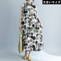 大きいサイズ レディース ノースリーブワンピース 水彩ドット柄 シャツワンピ 襟つき L LL 3L 4L ベージュ 新入荷 ネコポス可 (hm3715）|2021年夏|新着