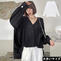 大きいサイズ レディース オーバーシャツ 前あきブラウス Vネック 長袖 LL 3L 4L 5L 6L ブラック ホワイト 新入荷 ネコポス可 (ac21176）|2021年秋|新着