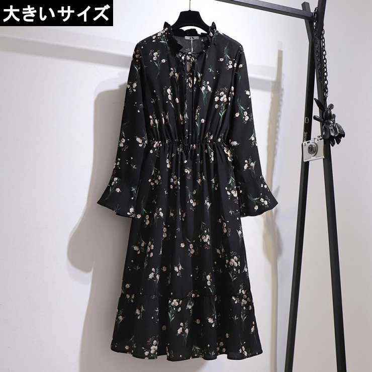 大きいサイズ レディース 花柄ワンピース ブラウジング ウエストドロスト 長袖 3L 4L 5L 6L 7L ブラック 新入荷 メール便可 (bx61614）