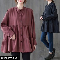 大きいサイズ レディース ティアードシャツ 長袖ブラウス チュニック バンドカラー LL 3L 4L 5L 6L ブラック ダスティピンク 新入荷 ネコポス可 (zy448652）|2021年秋|新着