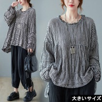 大きいサイズ レディース チェック柄トップス スモック ボリューム袖 ゆるシャツ LL 3L 4L 5L 6L ブラック 新入荷 ネコポス可 (zy696194）|2021年秋|新着