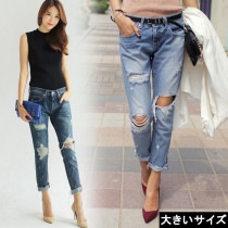 大きいサイズ レディース ダメージデニムパンツ クラッシュジーンズ ジーパン クロップドパンツ LL 6L ダークブルー ライトブルー 新入荷 ネコポス可 (17225）|2021年秋|新着