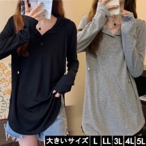 大きいサイズ レディース フードつきトップス 薄手フーディー ロングTシャツ 無地 L LL 3L 4L 5L ブラック グレー 新入荷 ネコポス可 (yf6028）|2021年秋|新着