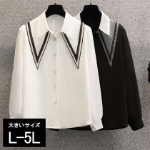 大きいサイズ レディース ブラウス 長袖 バイカラー 白黒 無地 シアーカラー 配色刺繍 春 秋 L LL 3L 4L 5L ブラック ホワイト 新入荷 メール便可 (t2112212）|2022年春